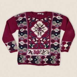 Vintage Floral Grandma Sweater 80s Paul Harris Design hand knit Size Large